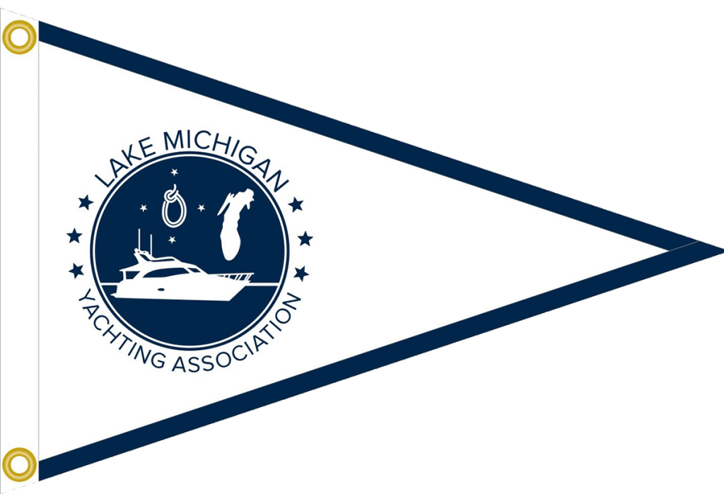 Lake Michigan Yachting Association 2023 burgee preview image -- a white triangular flag with a white background, a navy blue edge and the navy blue LMYA logo in the center.