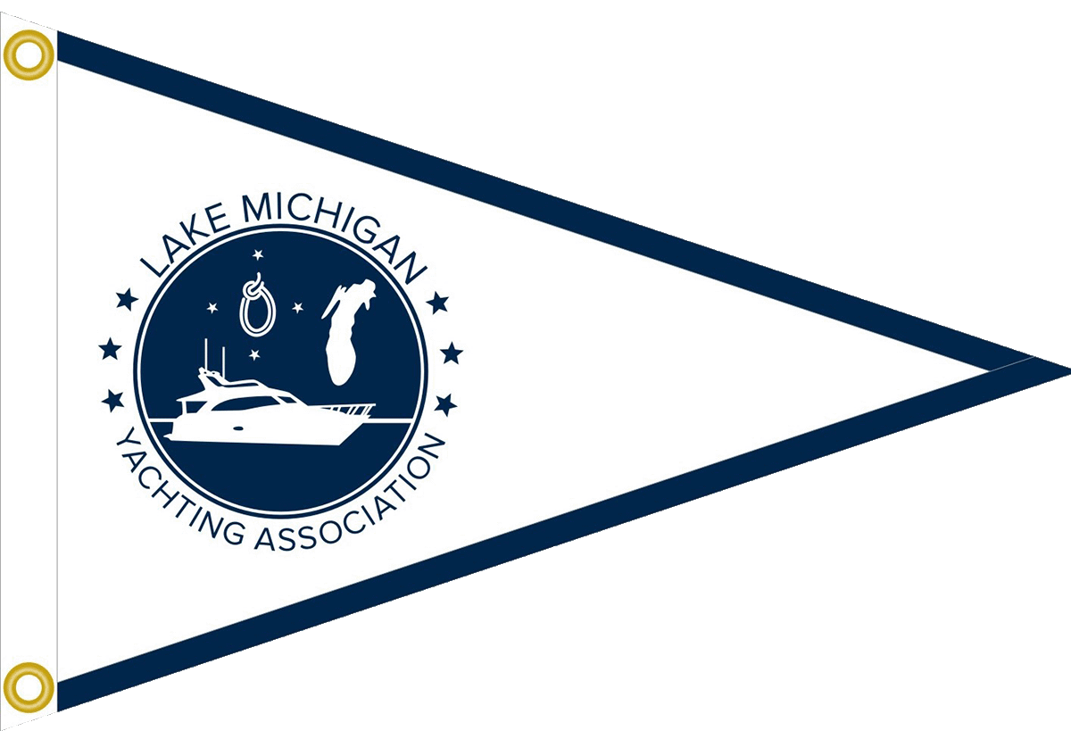 Lake Michigan Yachting Association 2023 burgee preview image -- a white triangular flag with a white background, a navy blue edge and the navy blue LMYA logo in the center.