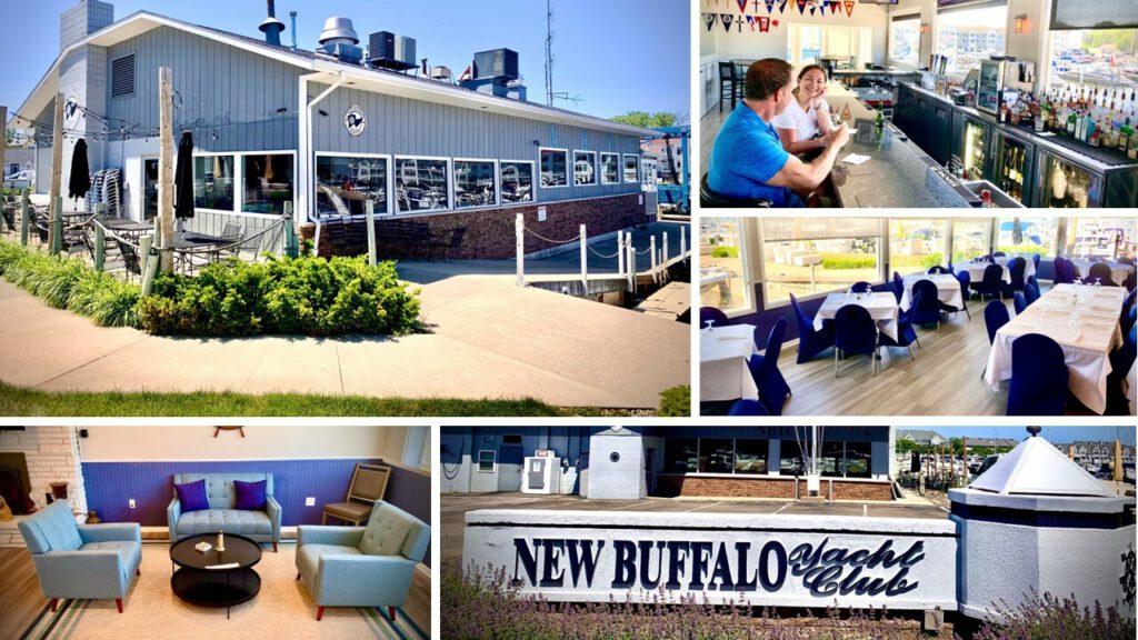 Collage of images from the New Buffalo Yacht Club. In clockwise order from upper left: gray and white exterior of the building, two people inside at the bar, the dining room, the sigh outside with the name, and inside lounge area with blue chairs.