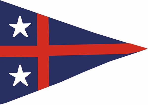 South Shore Yacht Club burgee is a deep blue triangle with a red cross on its side and two white stars on broad end of the triangle.