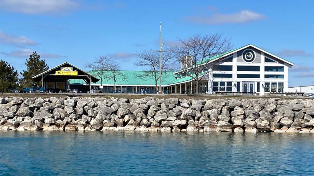 View from the water of the Winthrop Harbor Yacht Club