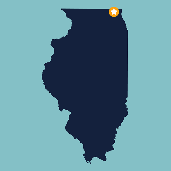 Blue shape of the state of Illinois with a gold dot representing Bay Shore Yacht Club in Fox Lake, Illinois.