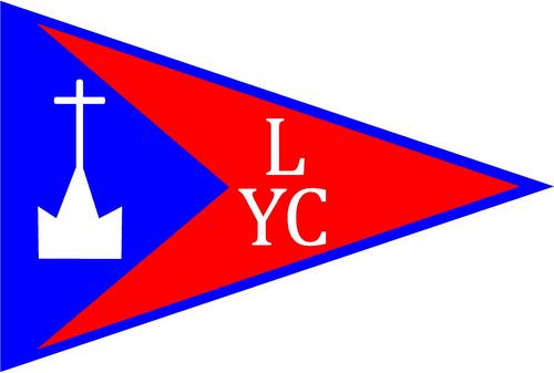 Ludington Yacht Clubl Burgee, a triangle with a blue and red field with a white shape on the left with a cross on top and "LYC" on the red field on the right.