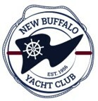 New Buffalo Yacht Club Logo is a life preserver with a navy blue triangle burgee waving on top of it. The Burgee has a ship's wheel on it.