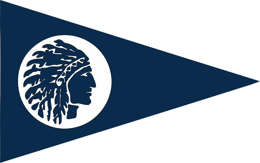 Pentwater Yacht Club Burgee. A blue field with a profile of a Native American man wearing a feathered headdress on the left  in a white circle.