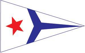 St. Joseph River Yacht Club burgee, a white field with a blue, three line shape on the right and a red star on the left.