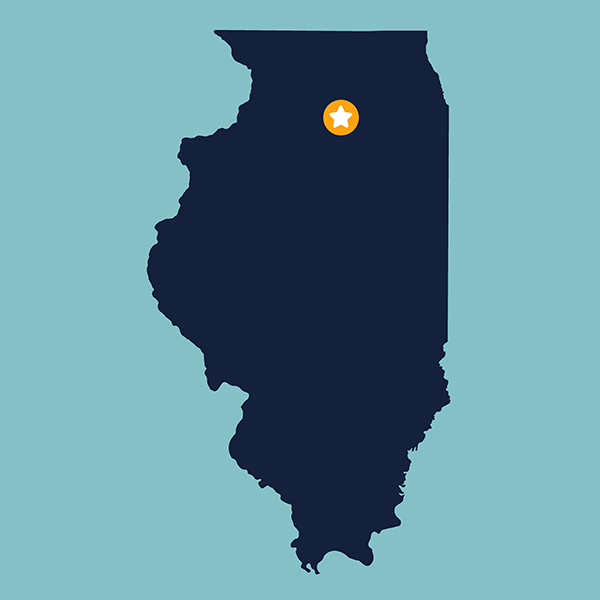 Blue shape of the state of Illinois with a gold dot representing Starved Rock Yacht Club in Ottawa, Illinois.