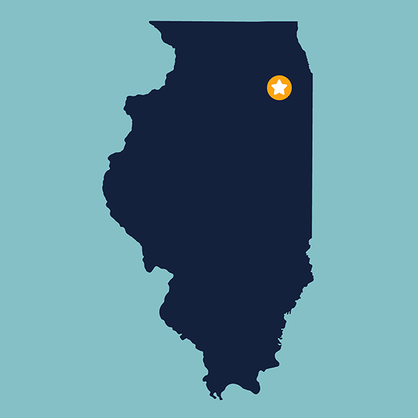 Blue shape of the state of Illinois with a gold dot representing Three Rivers Yacht Club in Wilmington, Illinois.