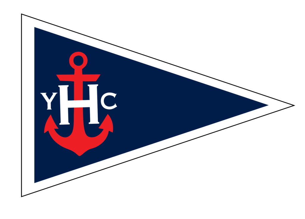 Burgee of the Hammond Yacht Club. It has a blue field with YHC over a red anchor. It is outlined in white.