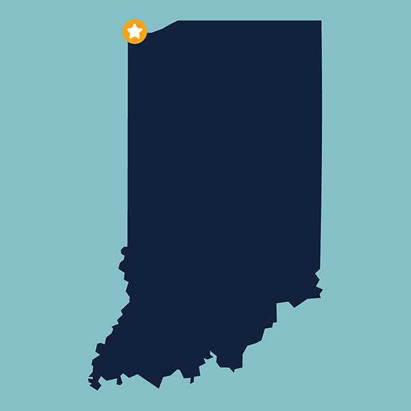 Blue shape of the state of Indiana with a gold dot representing Indiana Harbor Yacht Club in East Chicago, Indiana.