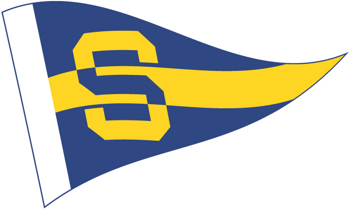 Illustration of the triangular Sheboygan Yacht Club burgee, with stripes of blue on the top and bottom, and a stripe of yellow down the center, with an "S" covering all three colors and reversed on each.