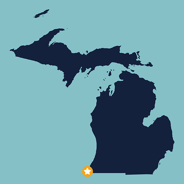 Blue shape of the state of Michigan on a light blue field with a gold and white star representing the New Buffalo Yacht Club in New Buffalo, Michigan.