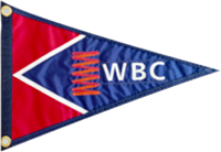 Wisconsin Boating Club burgee: a triange with red and white shapes with WBC on the blue field.